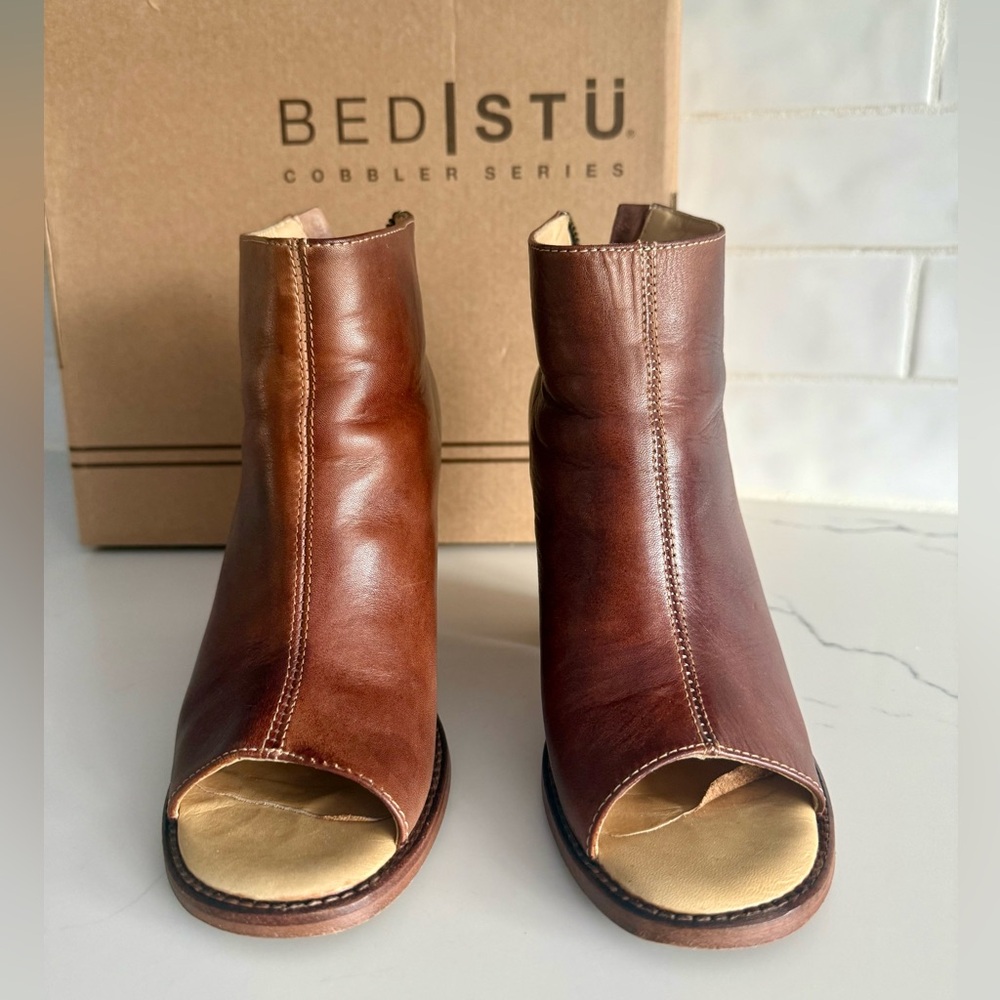 BED|STU Women's Tan Leather Peep Toe Booties